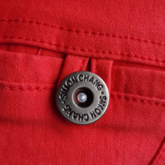 SIMON CHANG DEEP CORAL STRETCHY DENIM JACKET ~ SIZE 4 - Picture 5 of 8